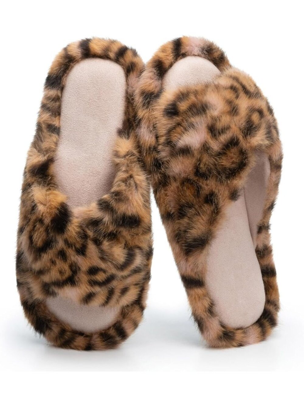 Women's Leapord Pink Open Toe Fuzzy Fur Cross Band Memory Foam Indoor Slippers
